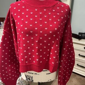 Free People Red and White Heart Crew Neck Sweater
